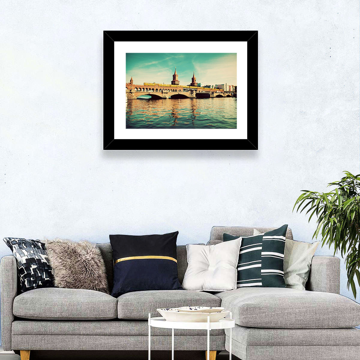 Oberbaum Bridge with Yellow Train Wall Art in a room, landscape