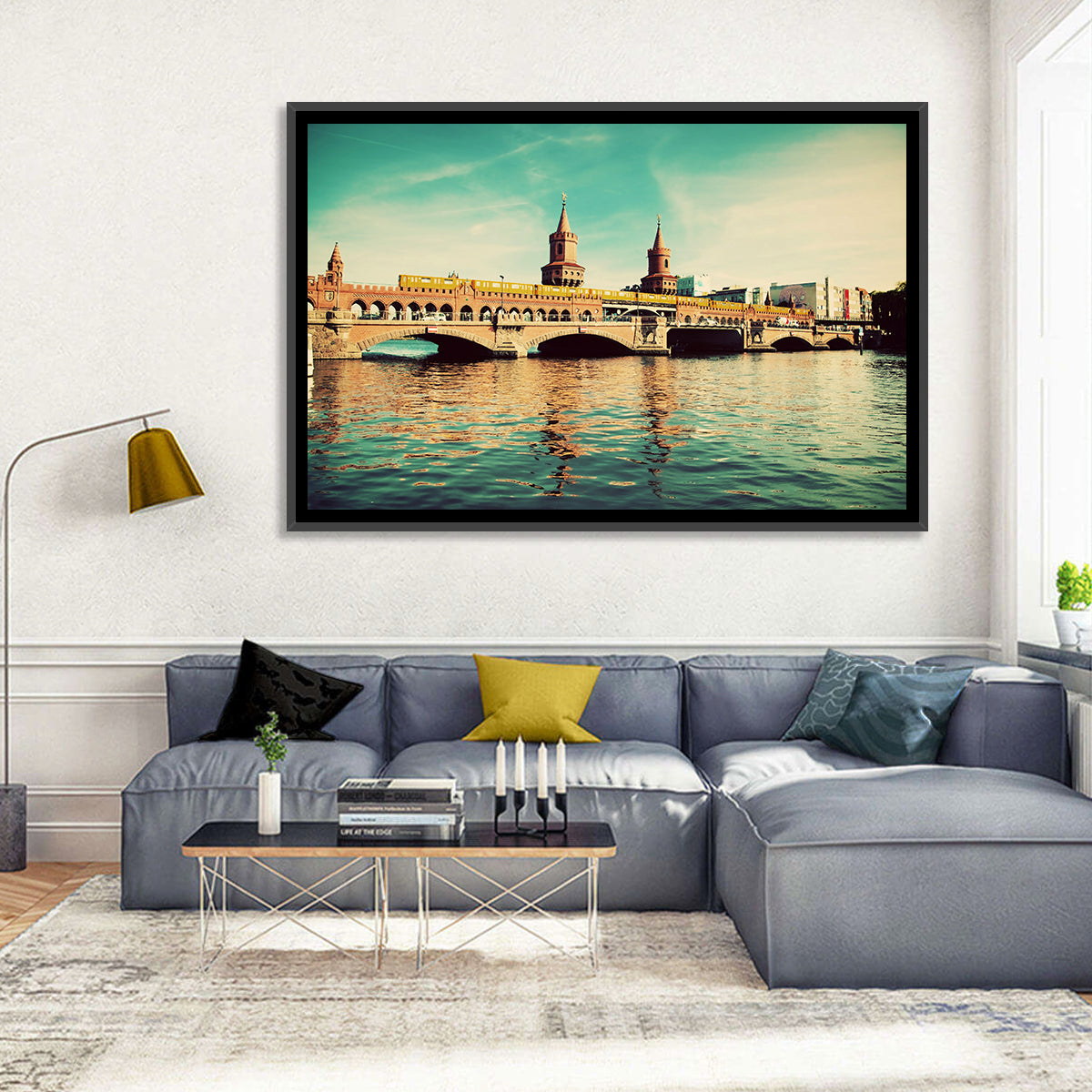 Oberbaum Bridge with Yellow Train Wall Art in a room, landscape
