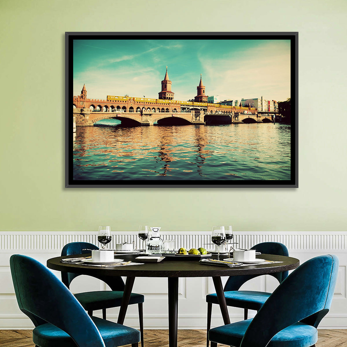 Oberbaum Bridge with Yellow Train Wall Art in a room, landscape