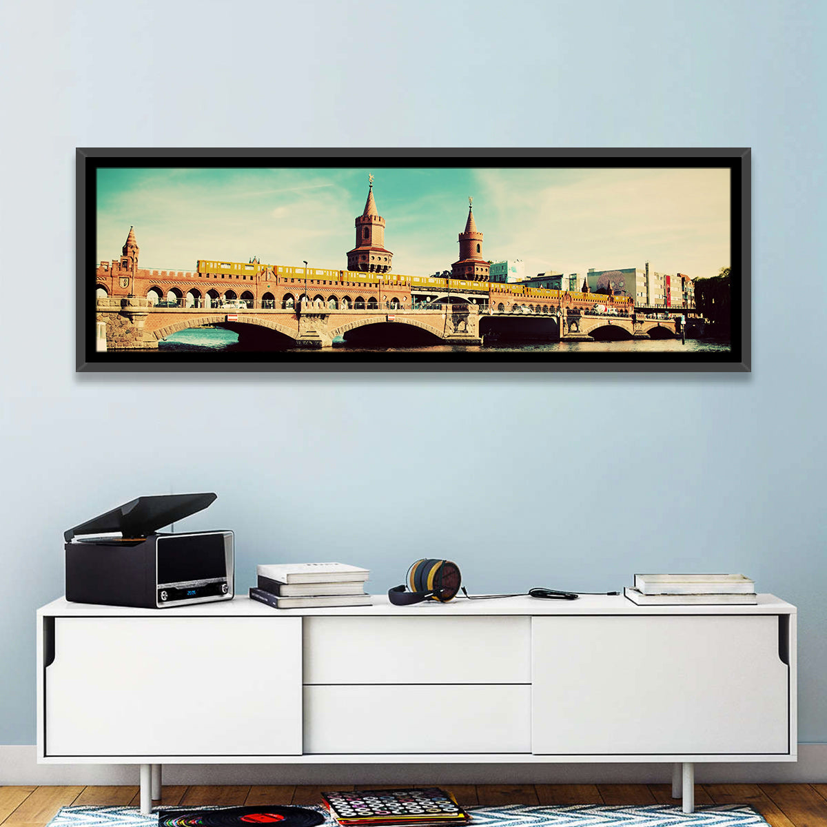 Oberbaum Bridge with Yellow Train Wall Art in a room, landscape