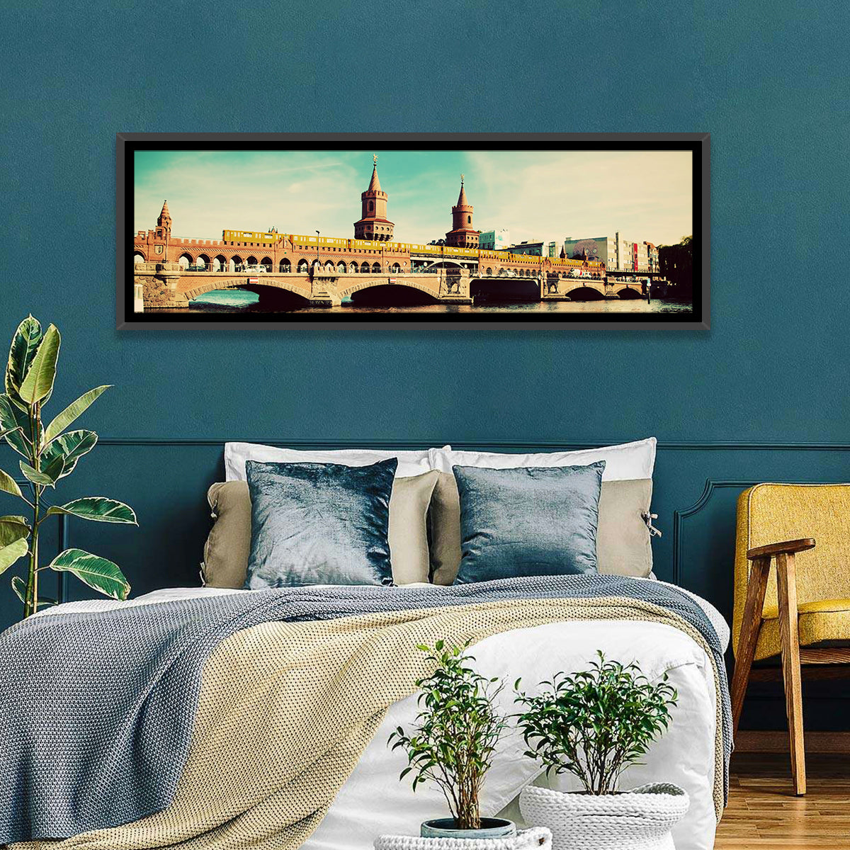 Oberbaum Bridge with Yellow Train Wall Art in a room, landscape