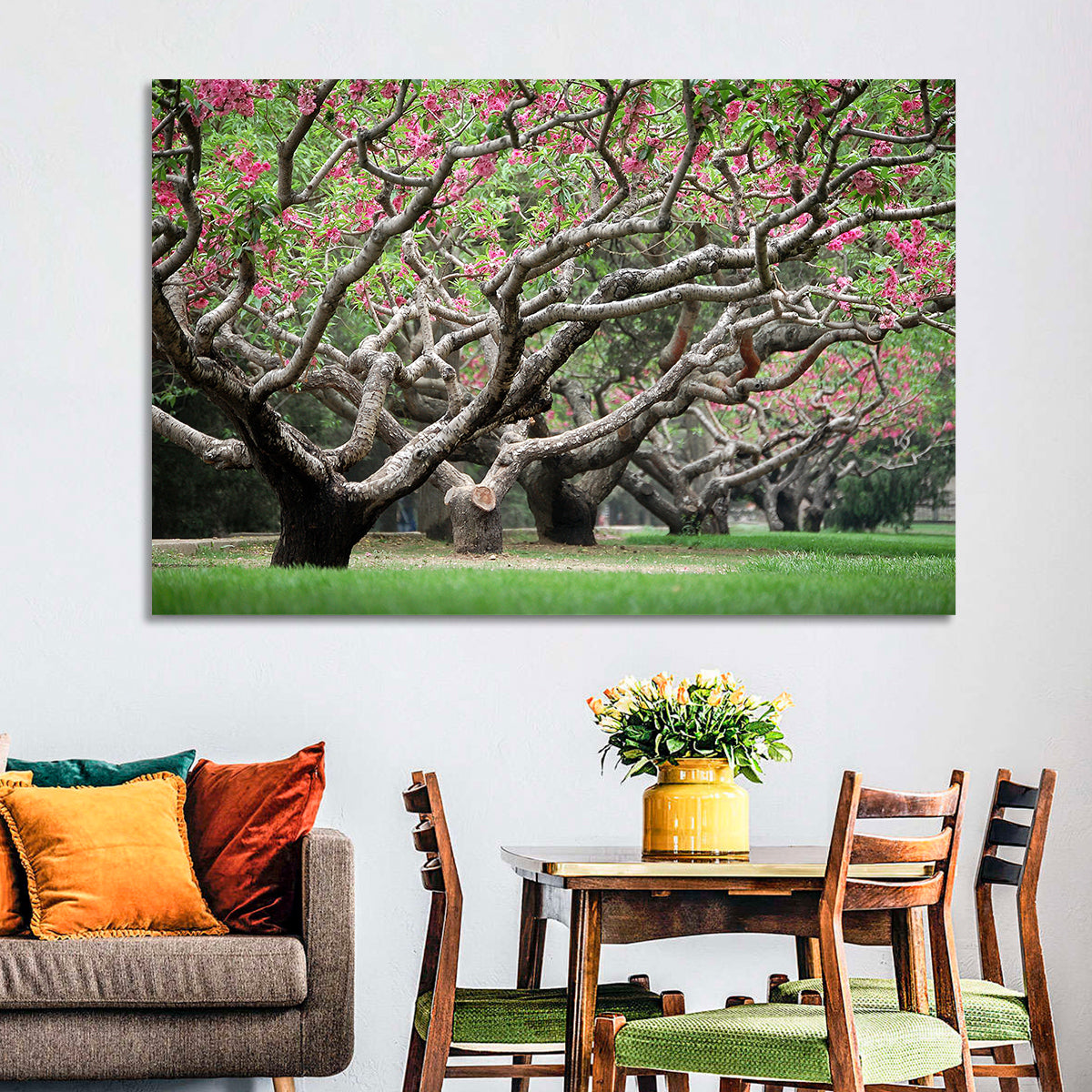 Peach Orchard in Bloom Wall Art in a room, landscape