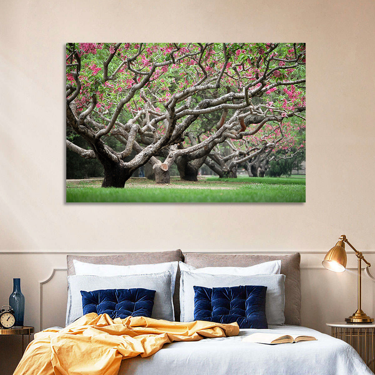 Peach Orchard in Bloom Wall Art in a room, landscape