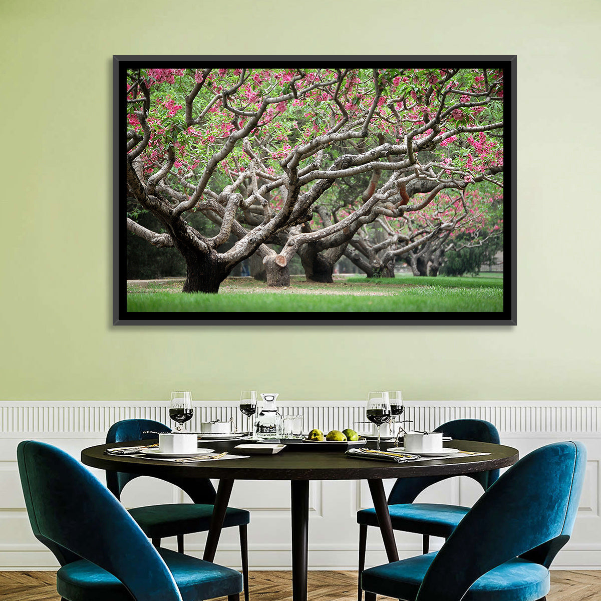 Peach Orchard in Bloom Wall Art in a room, landscape