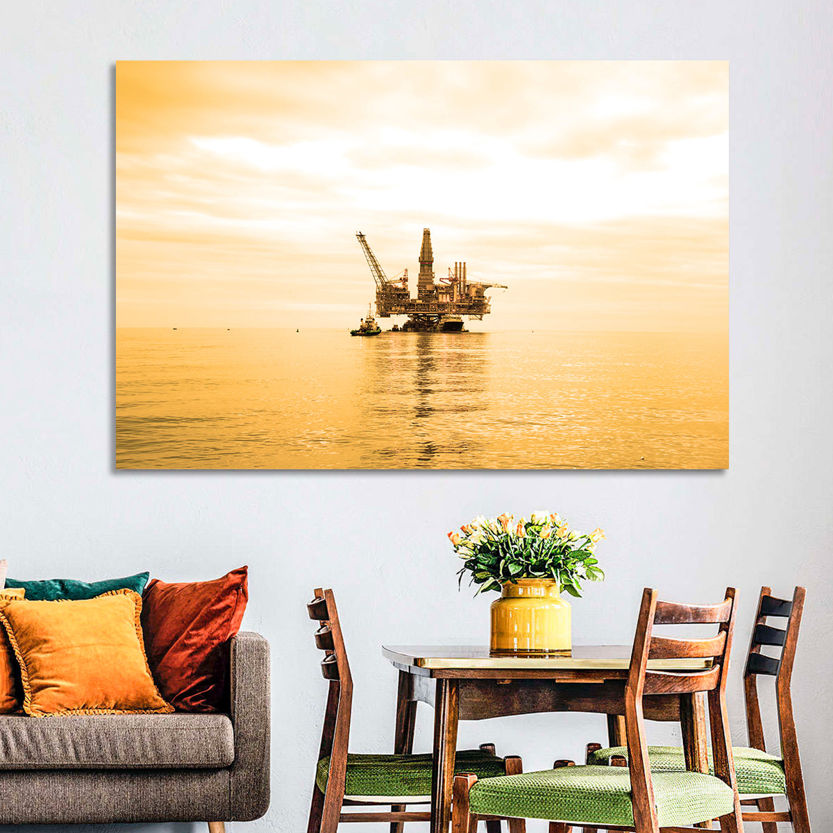 Golden Hour Oil Rig Wall Art in a room, landscape