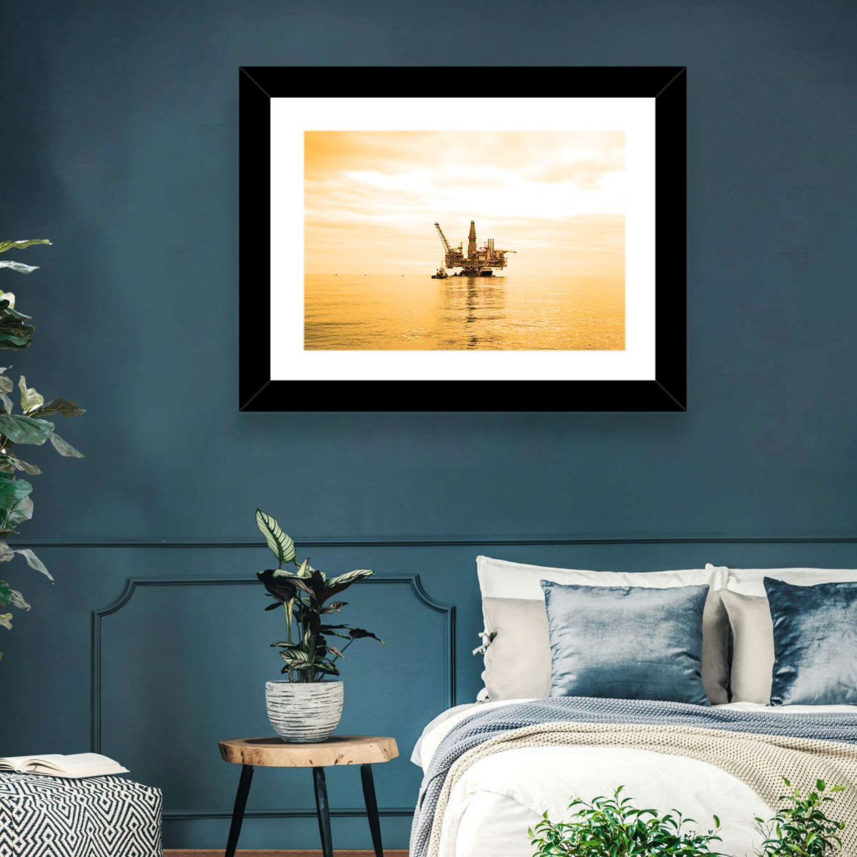 Golden Hour Oil Rig Wall Art in a room, landscape