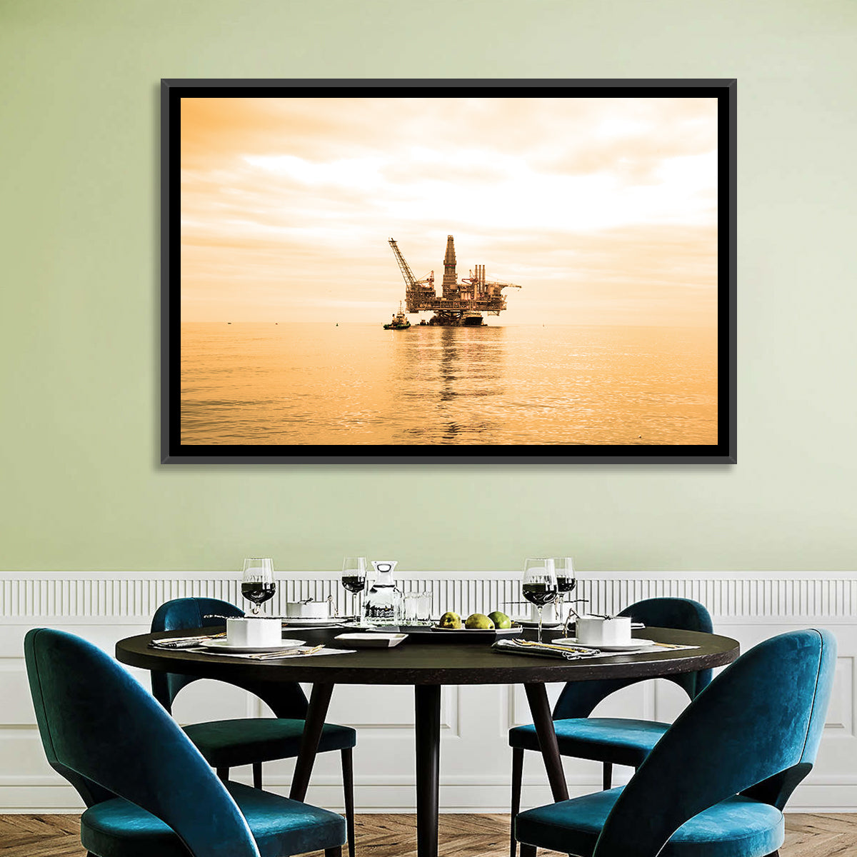 Golden Hour Oil Rig Wall Art in a room, landscape