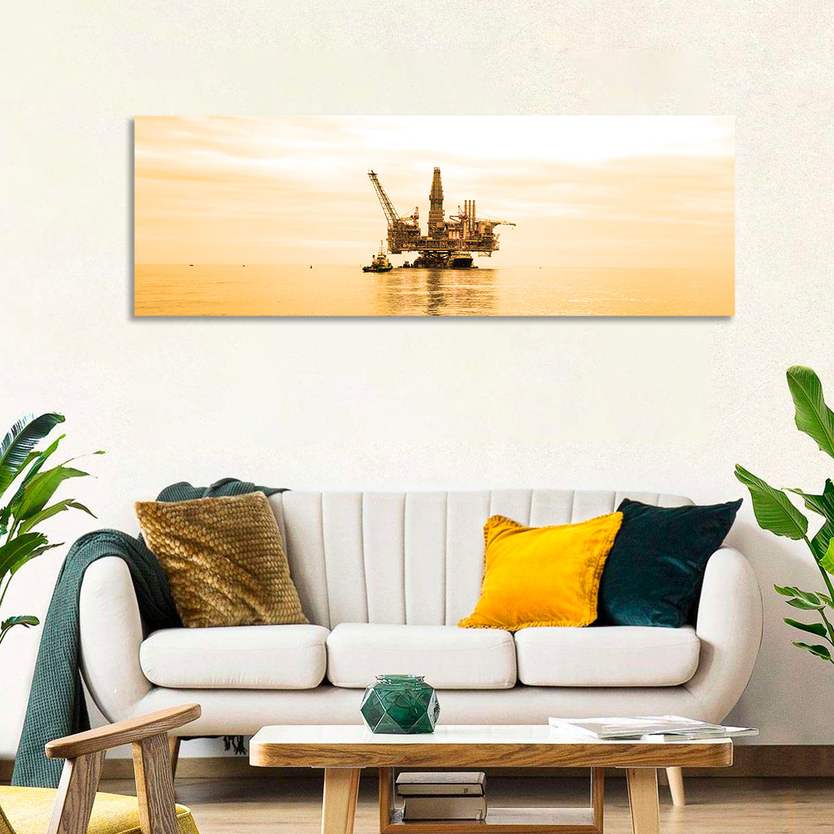 Golden Hour Oil Rig Wall Art in a room, landscape