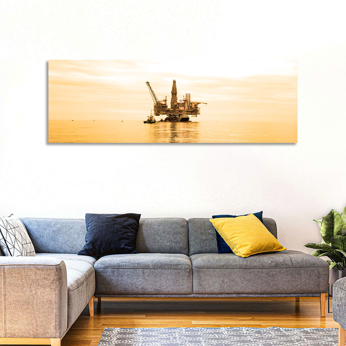Golden Hour Oil Rig Wall Art in a room, landscape