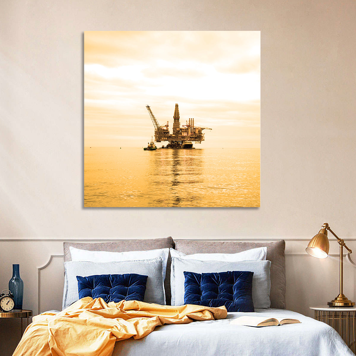 Golden Hour Oil Rig Wall Art in a room, landscape