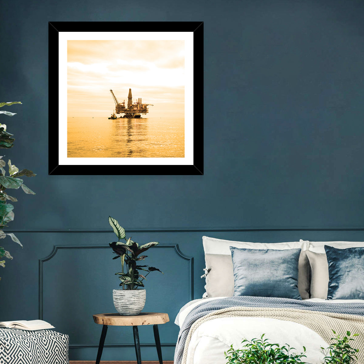 Golden Hour Oil Rig Wall Art in a room, landscape