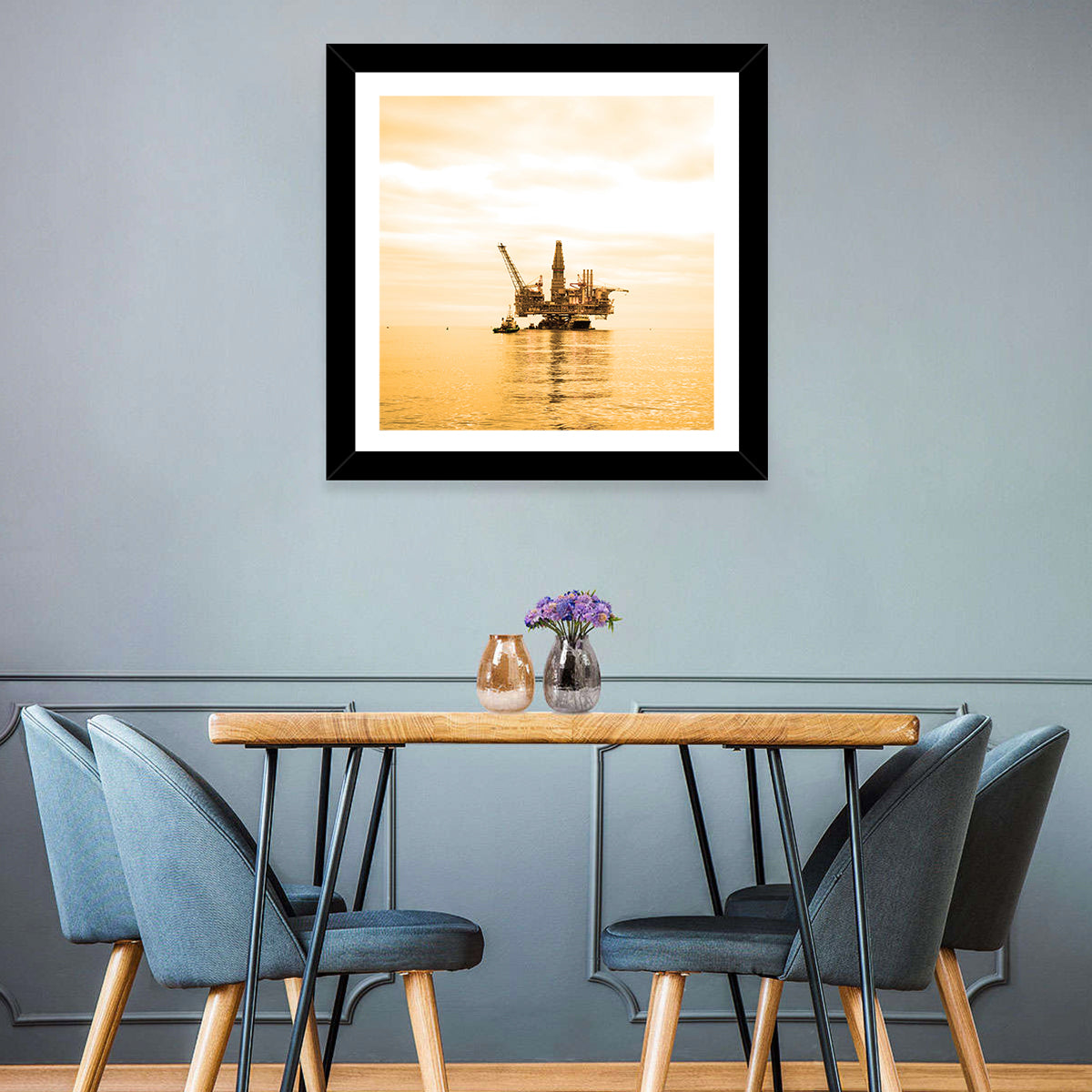 Golden Hour Oil Rig Wall Art in a room, landscape