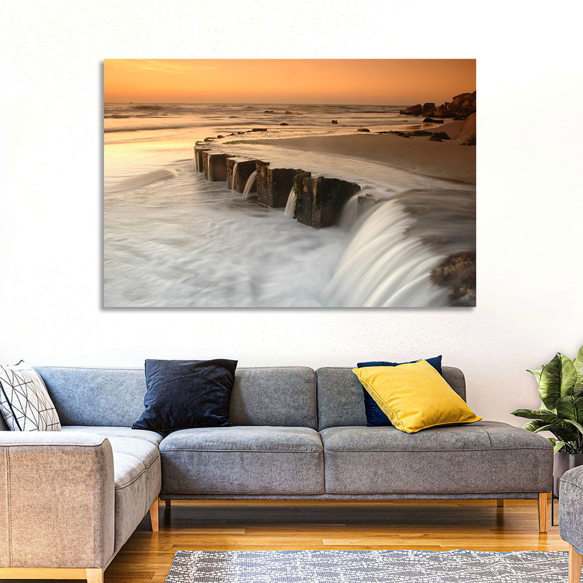 Breakwater at Golden Hour Wall Art in a room, landscape