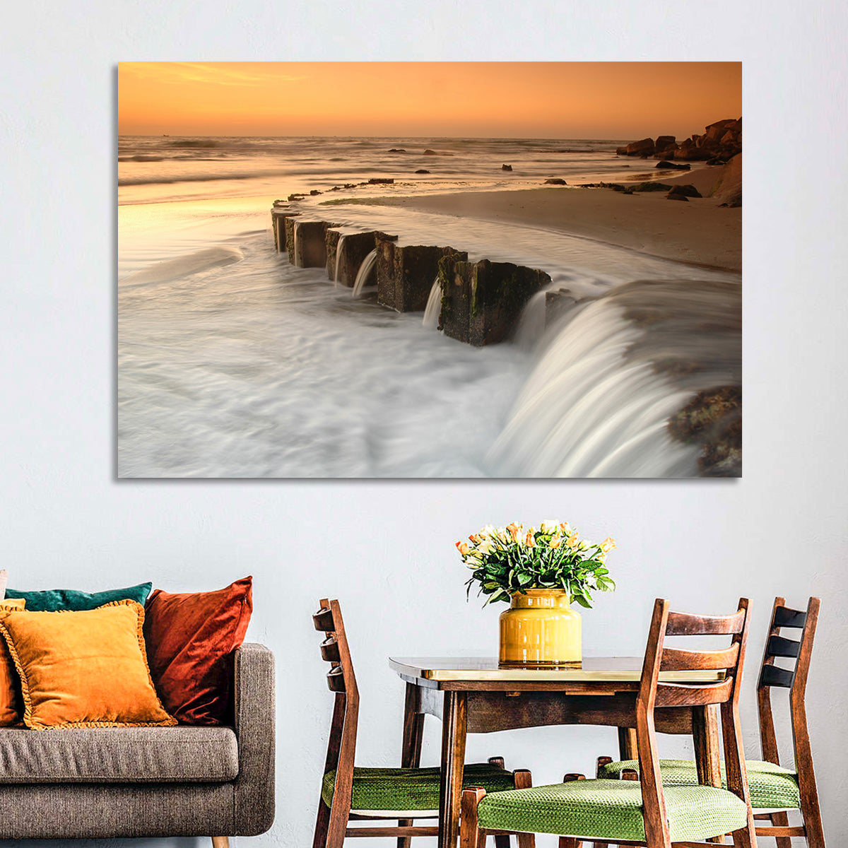 Breakwater at Golden Hour Wall Art in a room, landscape