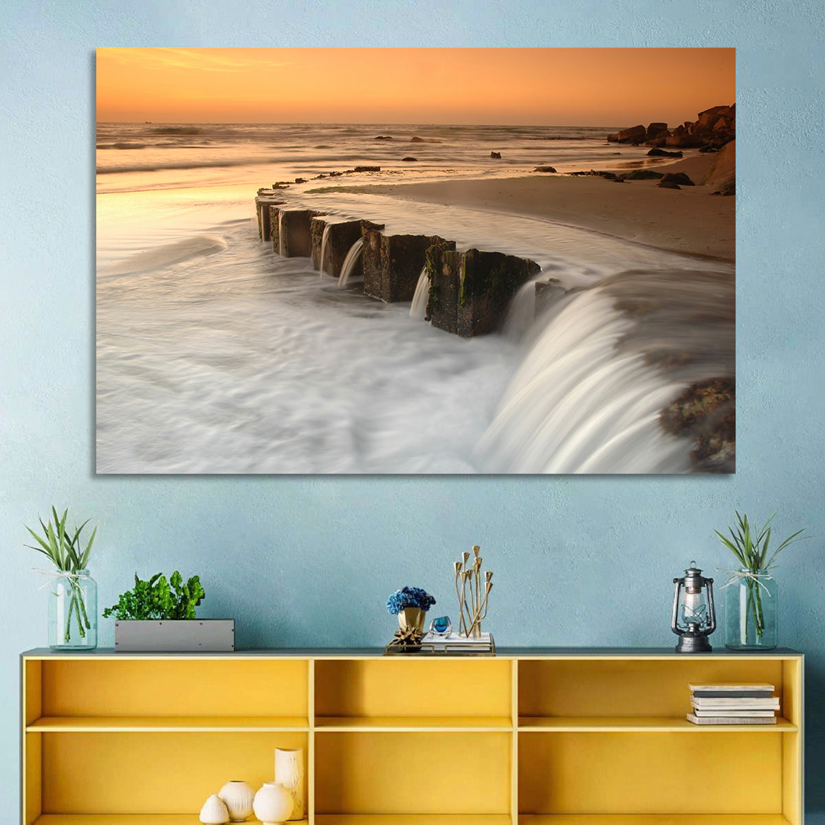 Breakwater at Golden Hour Wall Art in a room, landscape