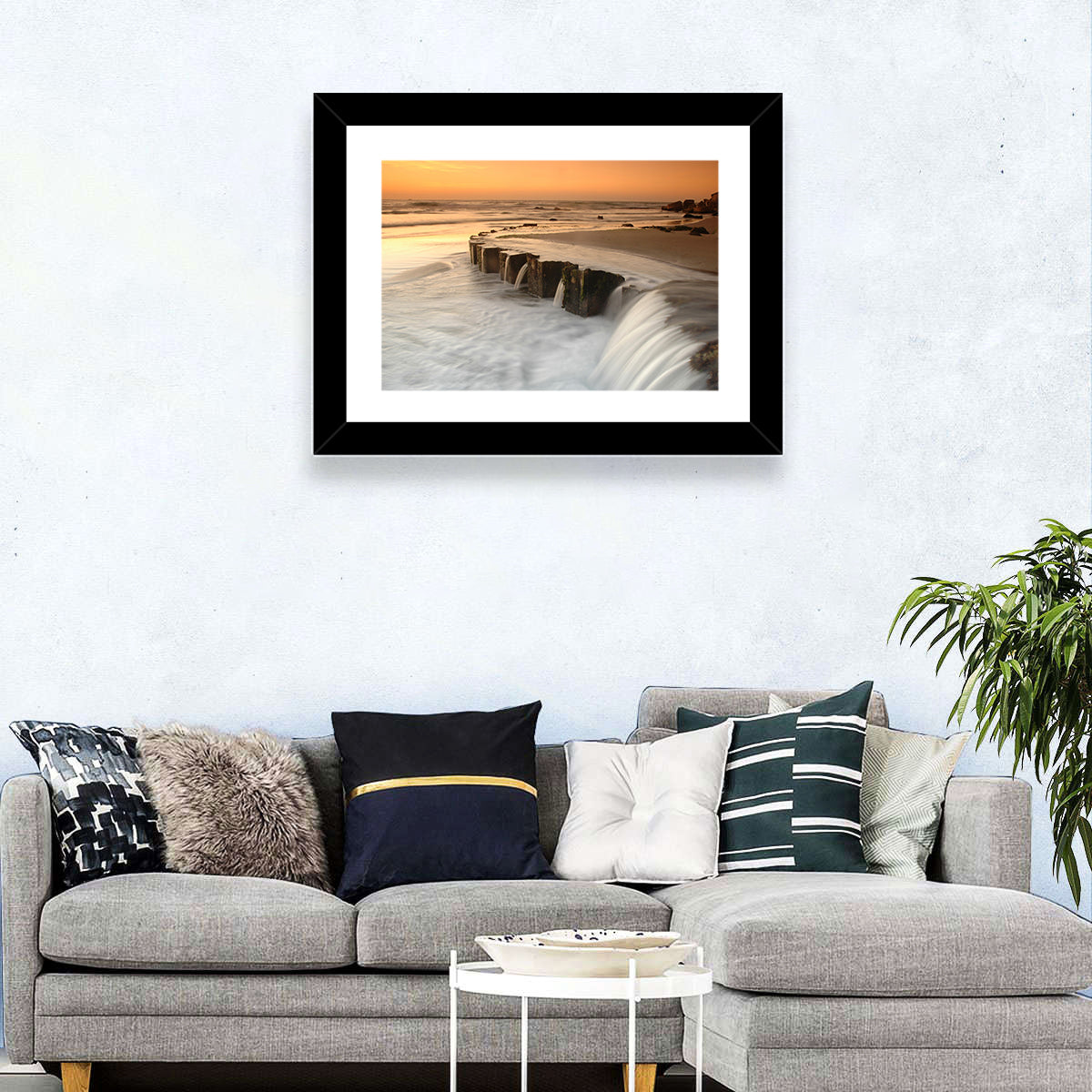 Breakwater at Golden Hour Wall Art in a room, landscape