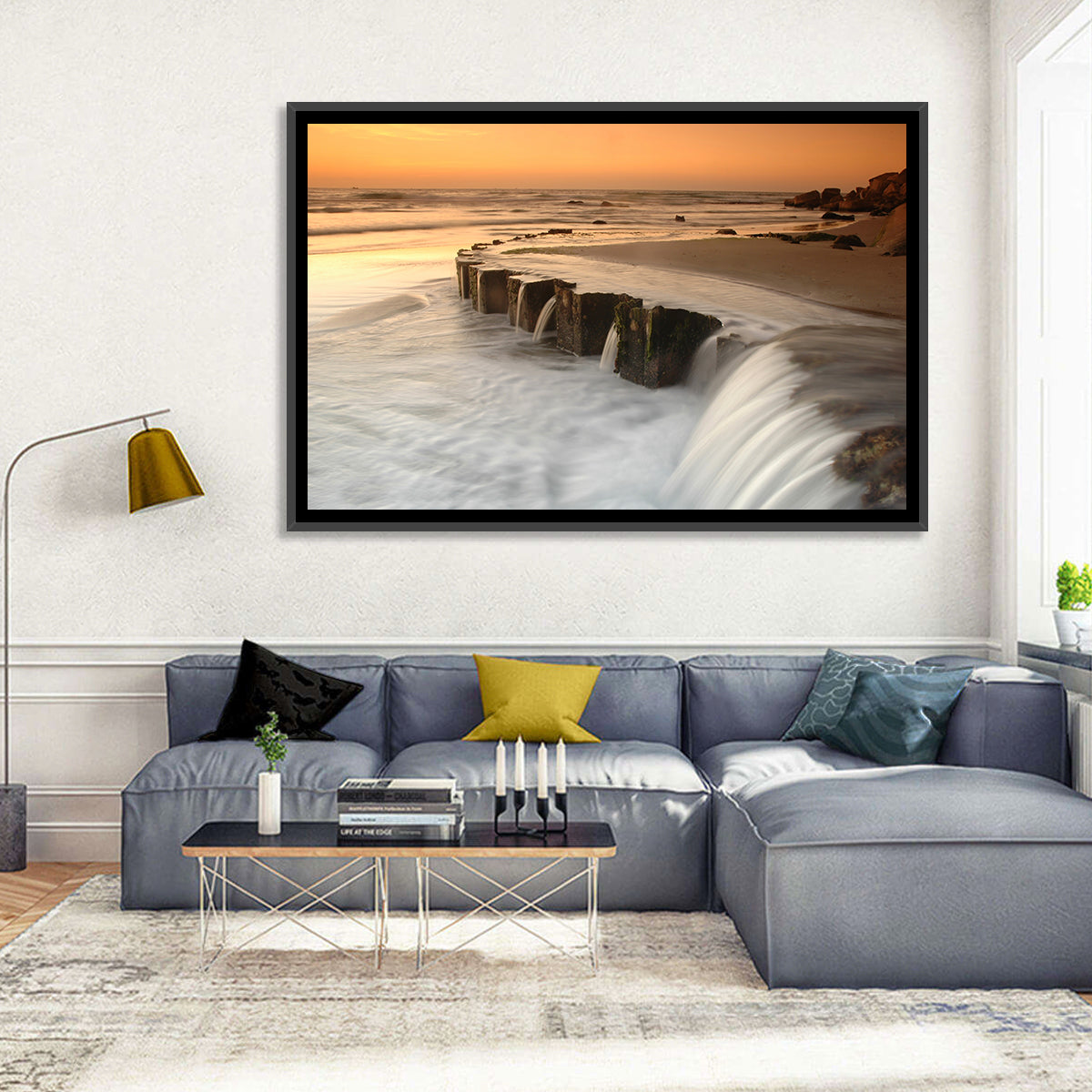 Breakwater at Golden Hour Wall Art in a room, landscape