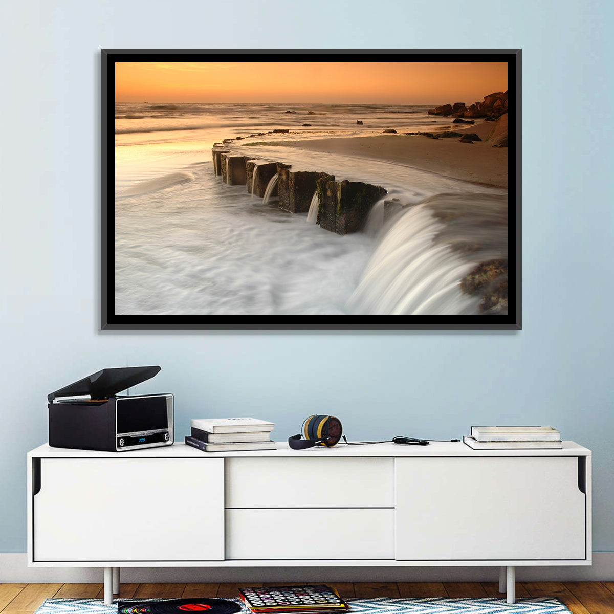 Breakwater at Golden Hour Wall Art in a room, landscape