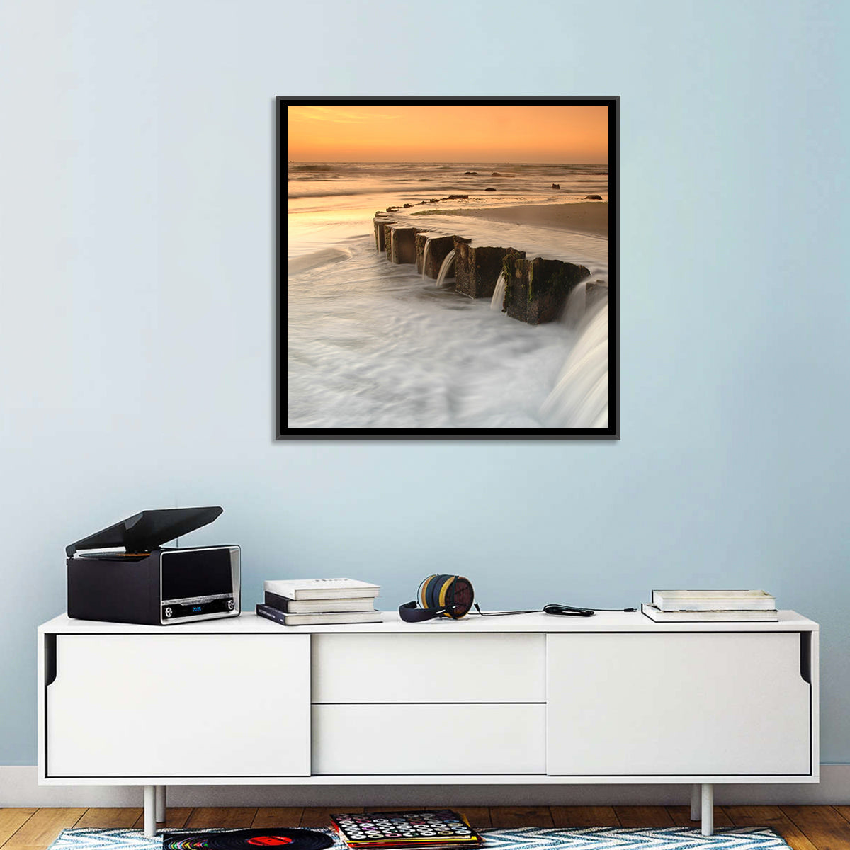 Breakwater at Golden Hour Wall Art in a room, landscape