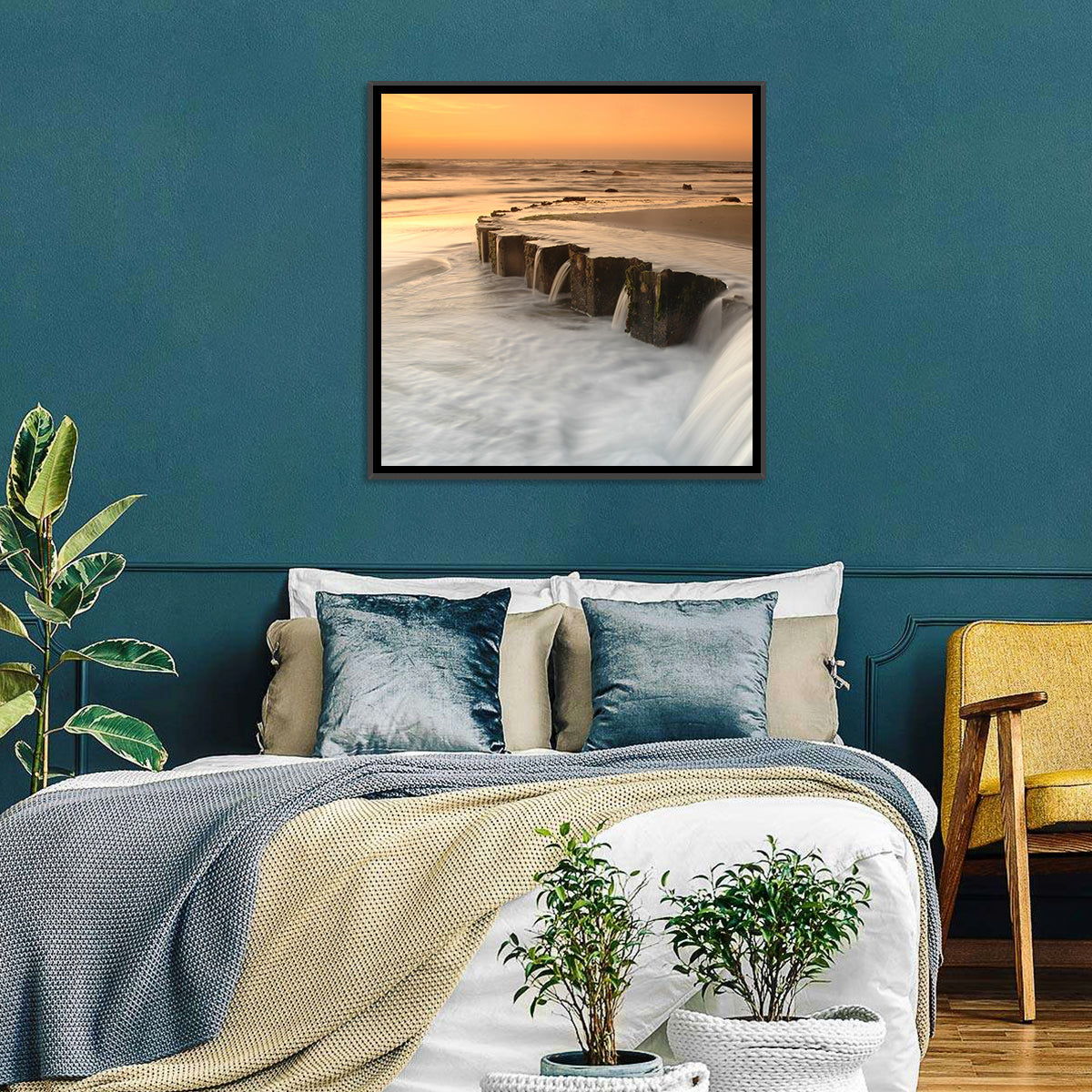 Breakwater at Golden Hour Wall Art in a room, landscape