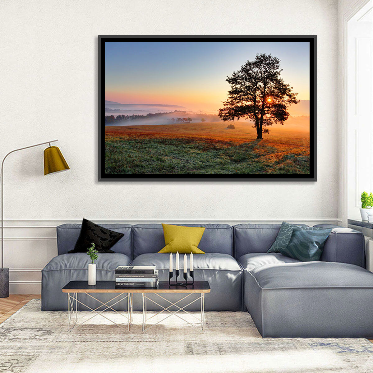 Misty Meadow Sunrise with Lone Tree Wall Art in a room, landscape