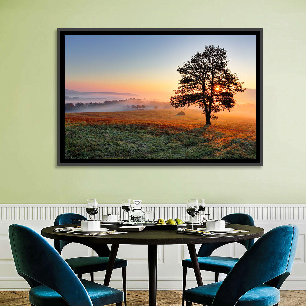 Misty Meadow Sunrise with Lone Tree Wall Art in a room, landscape