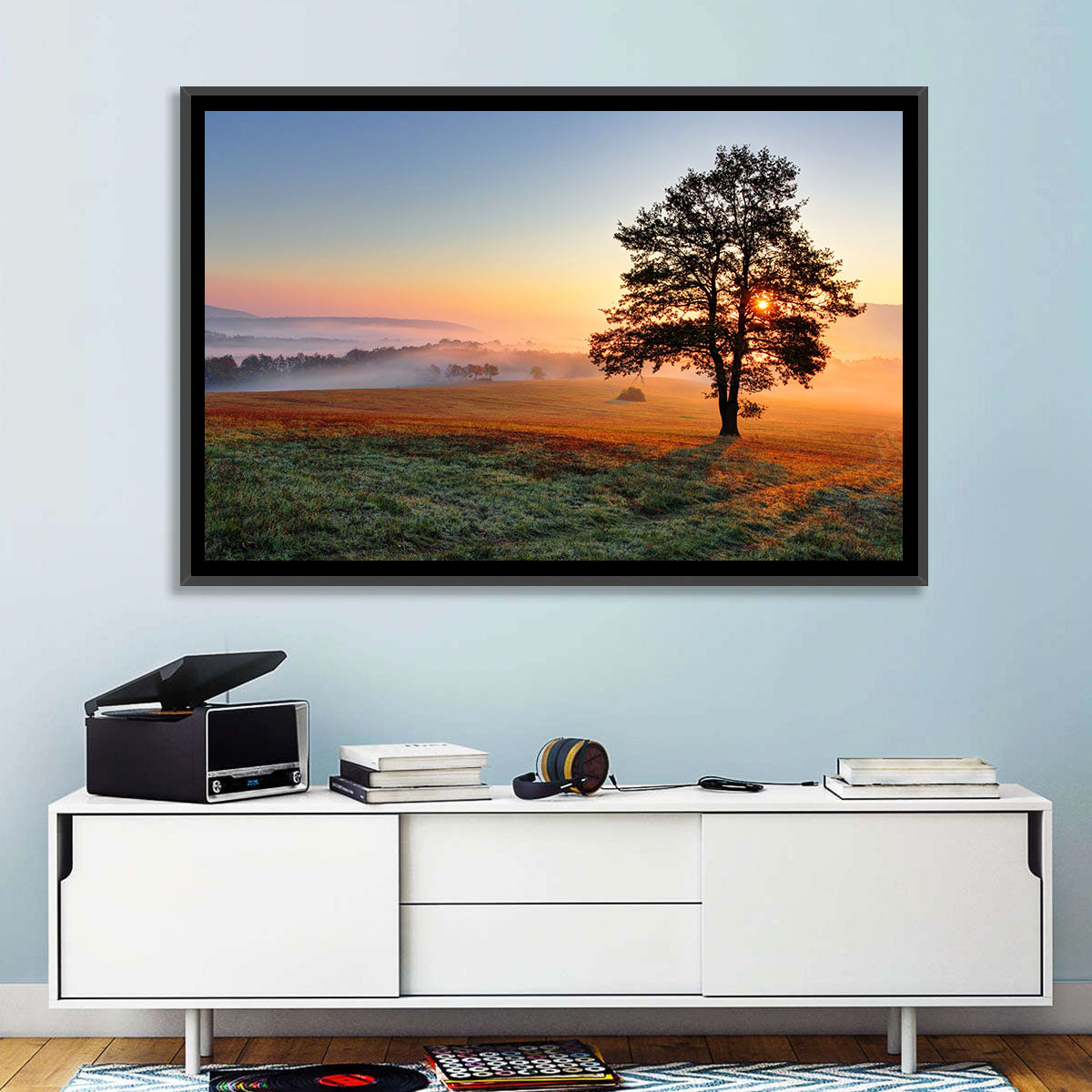 Misty Meadow Sunrise with Lone Tree Wall Art in a room, landscape