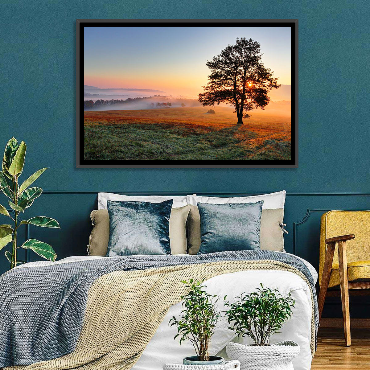 Misty Meadow Sunrise with Lone Tree Wall Art in a room, landscape