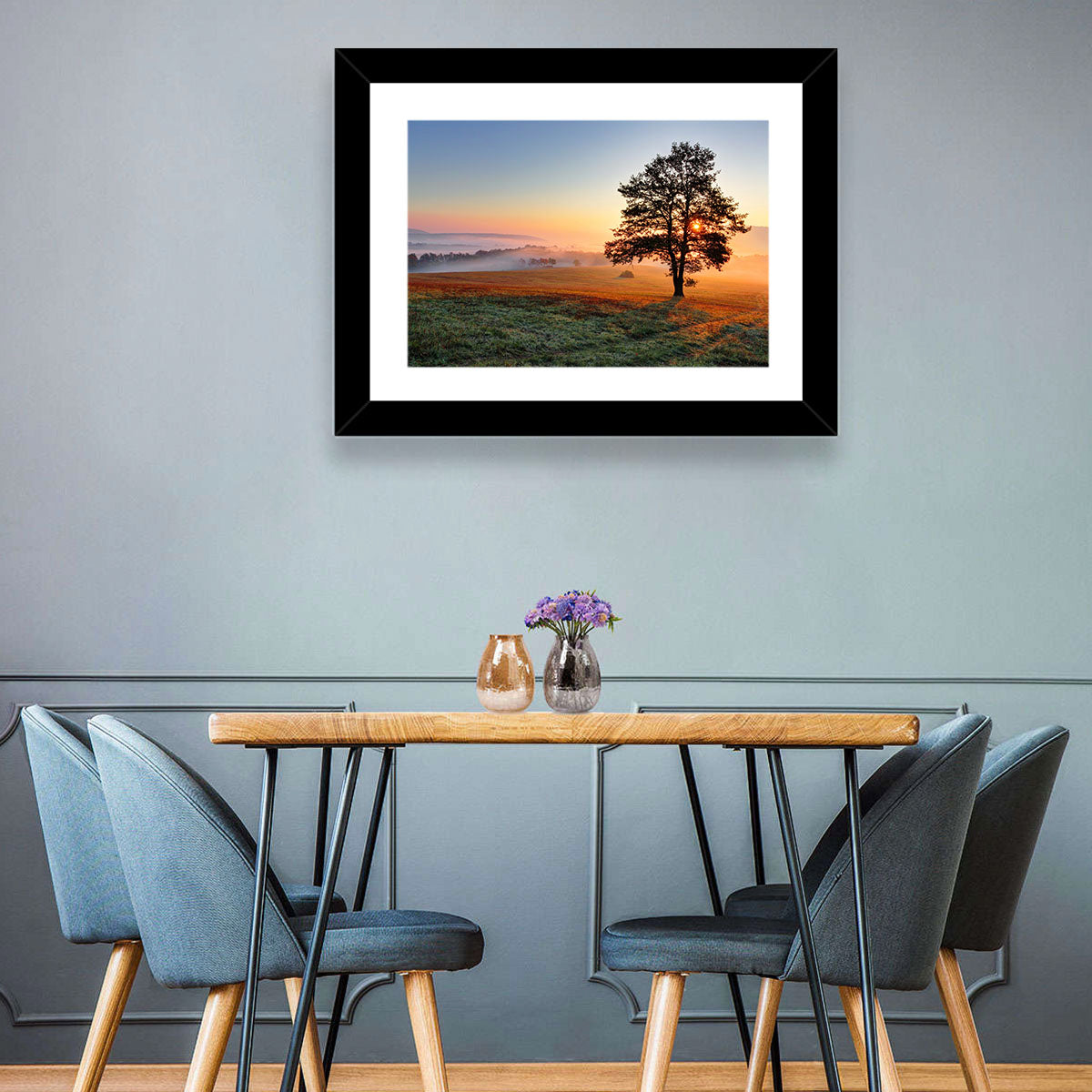 Misty Meadow Sunrise with Lone Tree Wall Art in a room, landscape