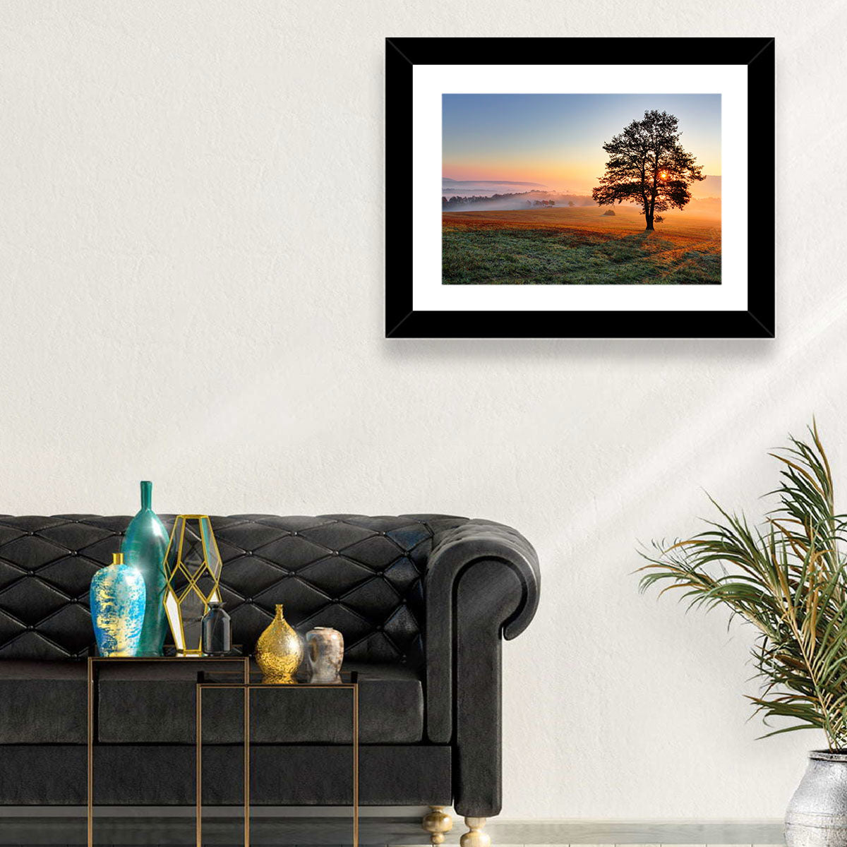 Misty Meadow Sunrise with Lone Tree Wall Art in a room, landscape