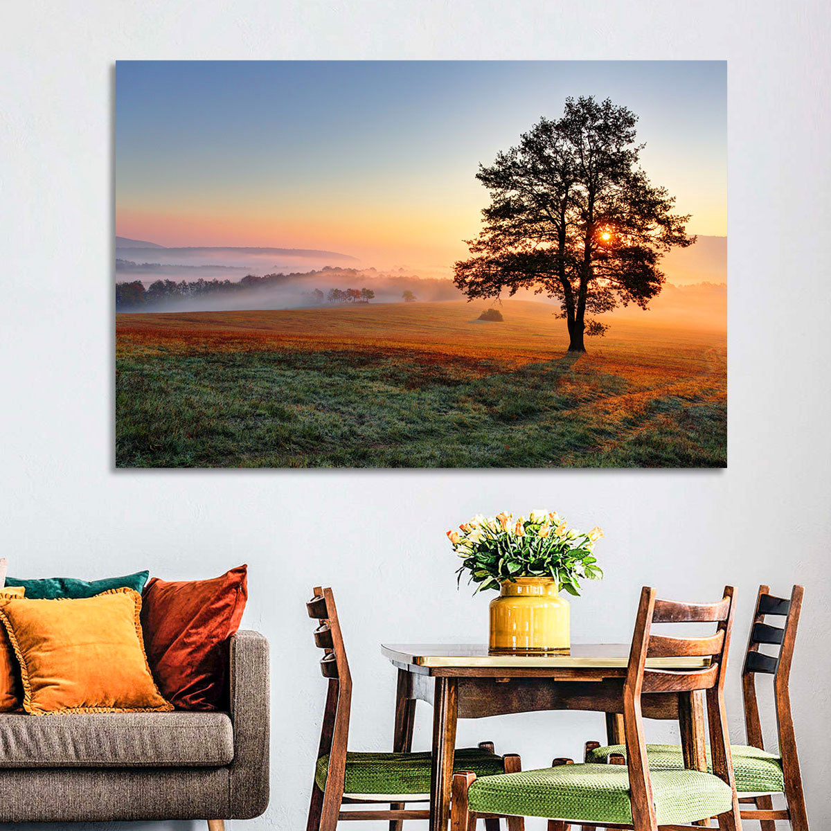 Misty Meadow Sunrise with Lone Tree Wall Art in a room, landscape