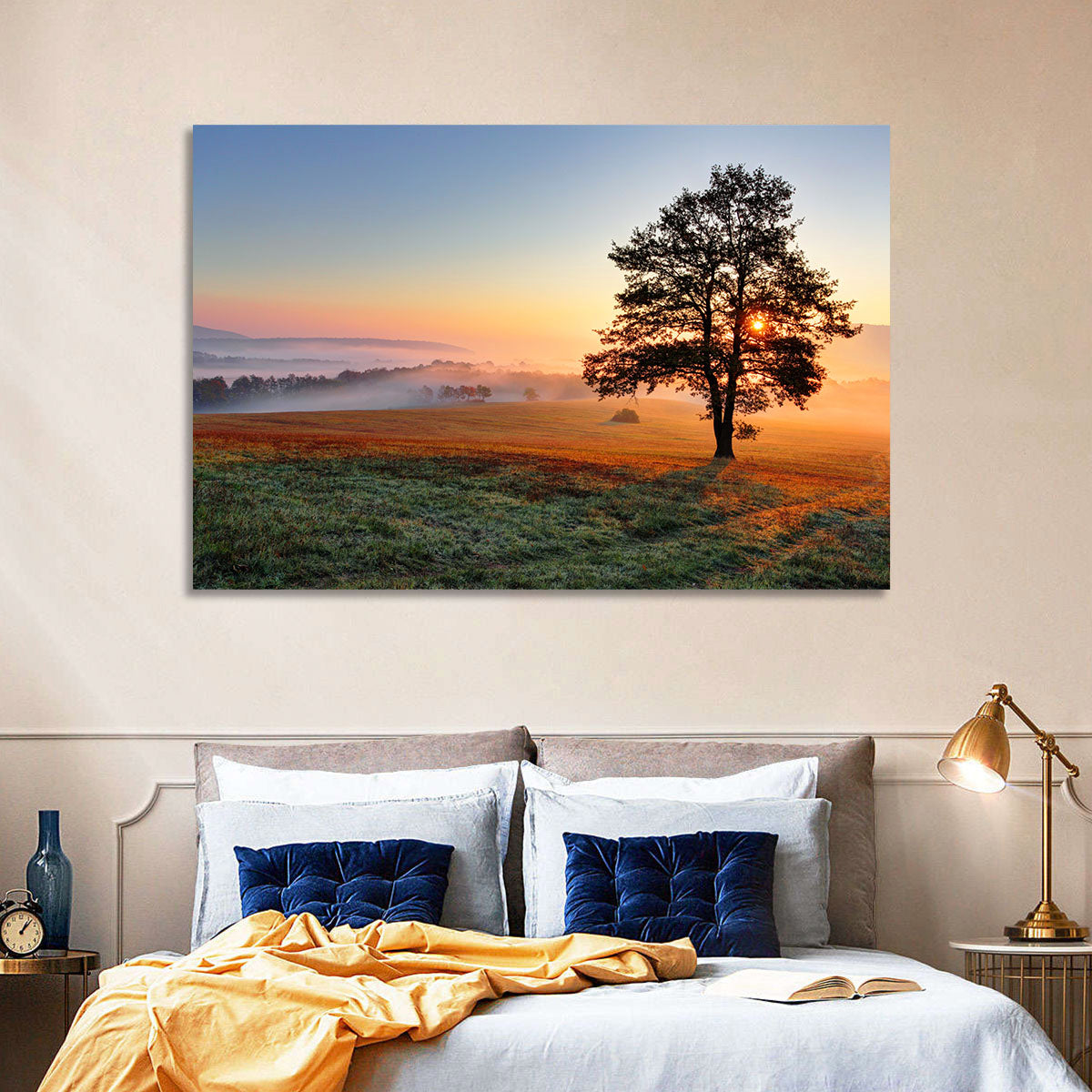 Misty Meadow Sunrise with Lone Tree Wall Art in a room, landscape