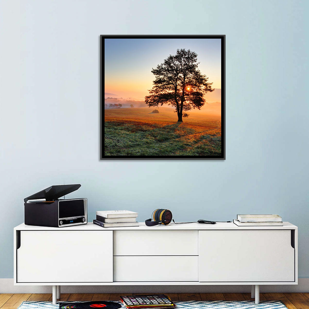 Misty Meadow Sunrise with Lone Tree Wall Art in a room, landscape