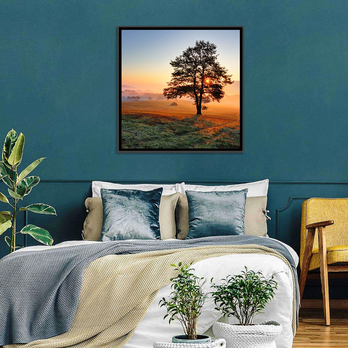 Misty Meadow Sunrise with Lone Tree Wall Art in a room, landscape