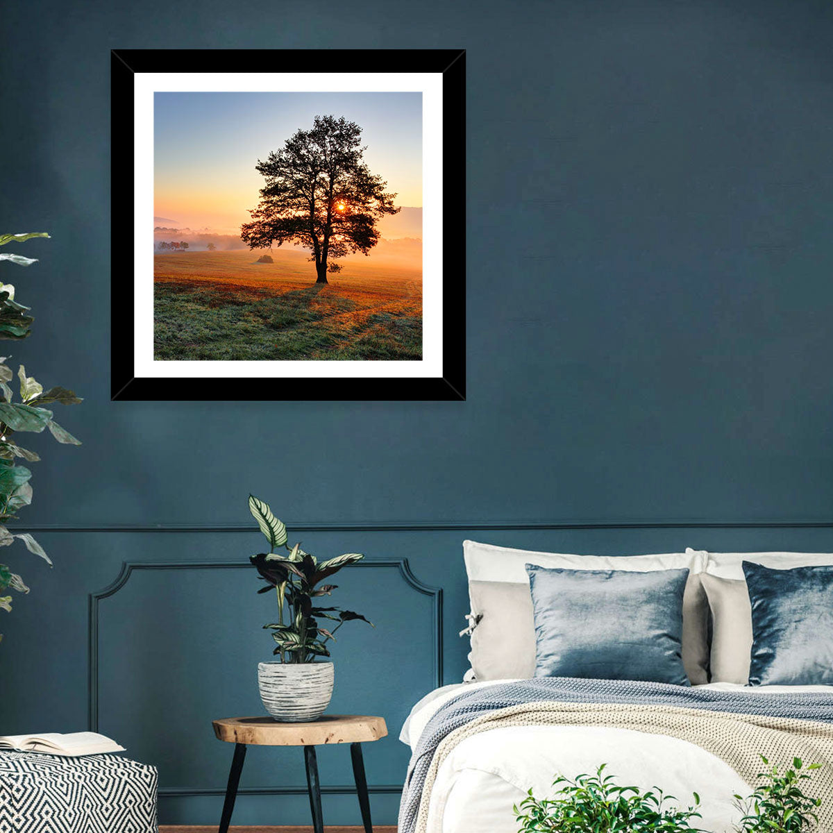 Misty Meadow Sunrise with Lone Tree Wall Art in a room, landscape