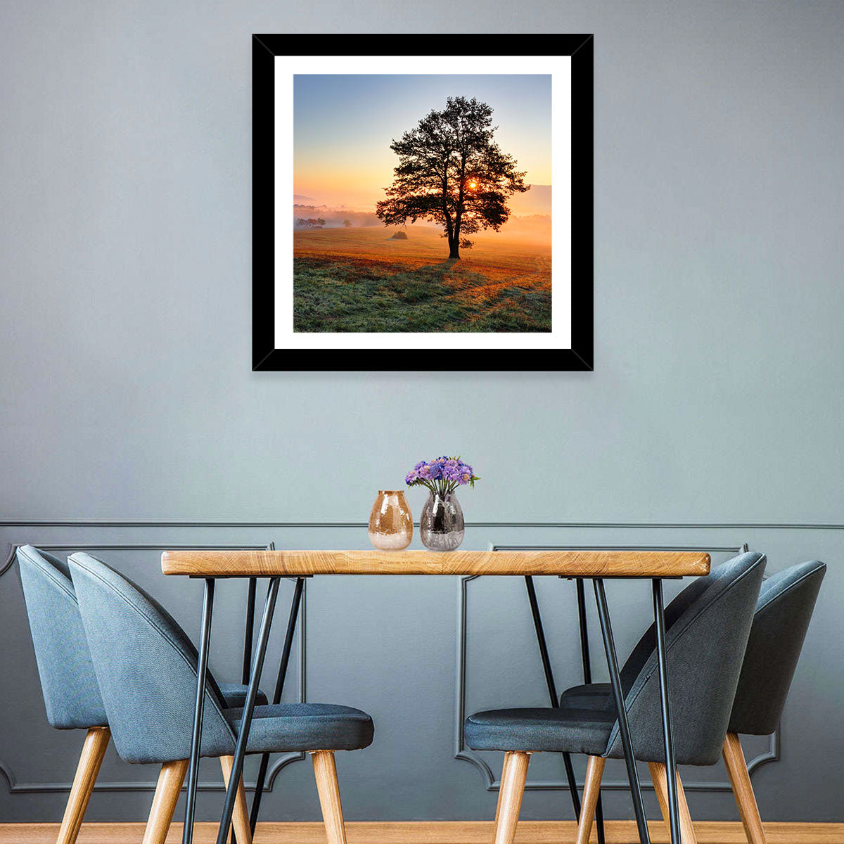 Misty Meadow Sunrise with Lone Tree Wall Art in a room, landscape