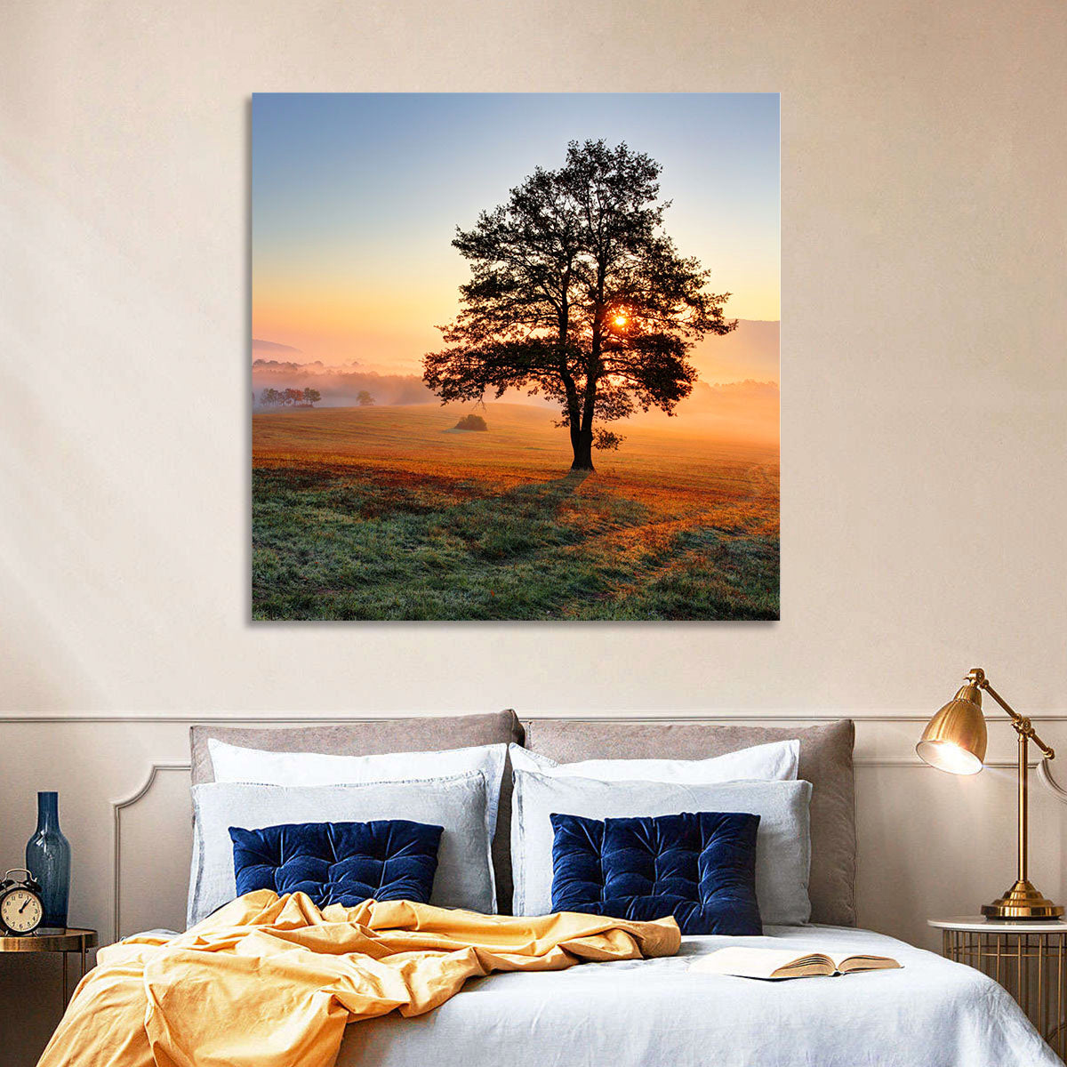 Misty Meadow Sunrise with Lone Tree Wall Art
