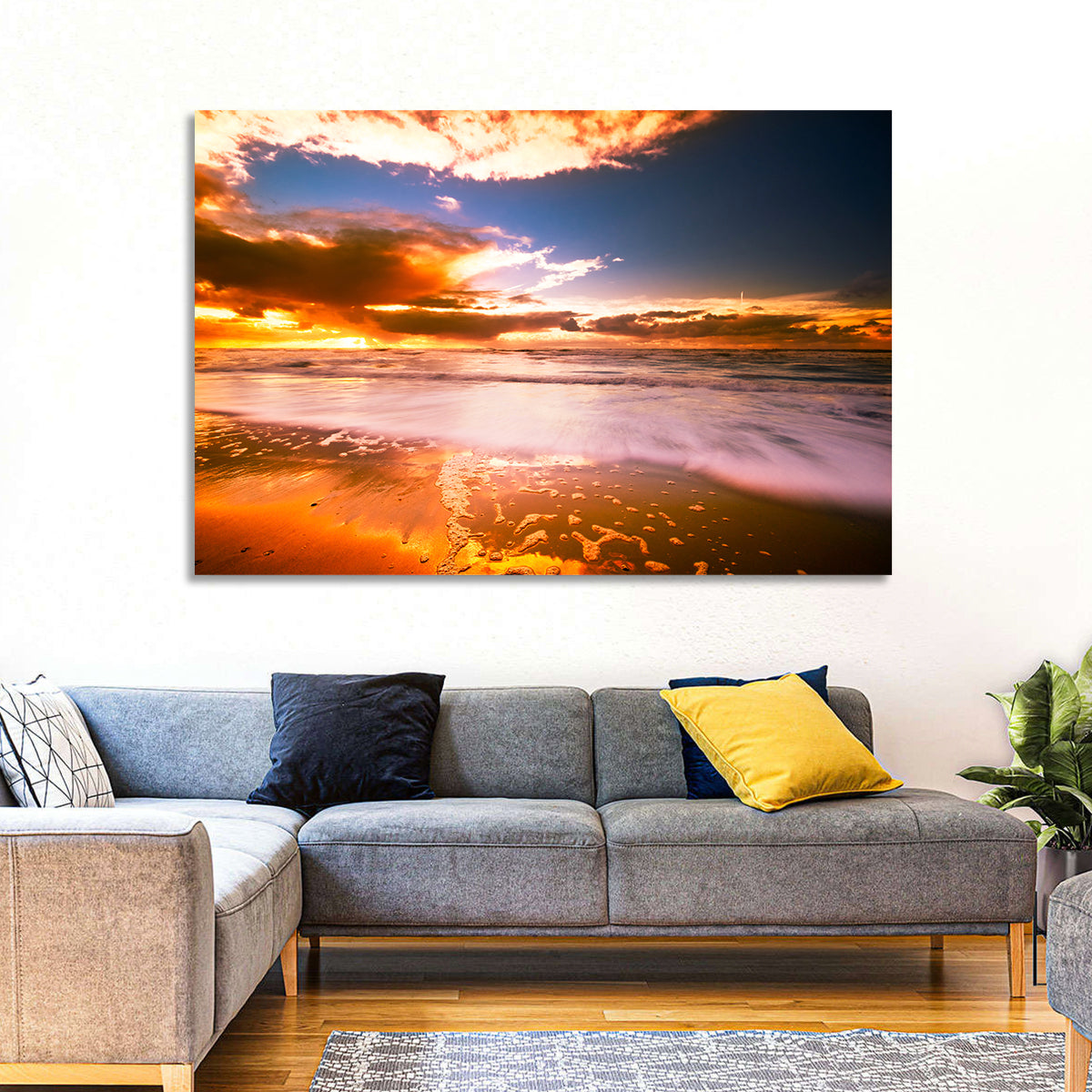 Golden Hour Beach Sunset Wall Art in a room, landscape