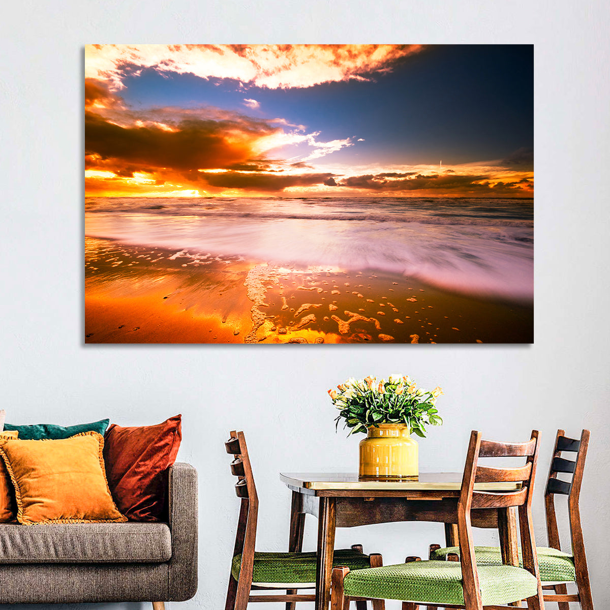 Golden Hour Beach Sunset Wall Art in a room, landscape