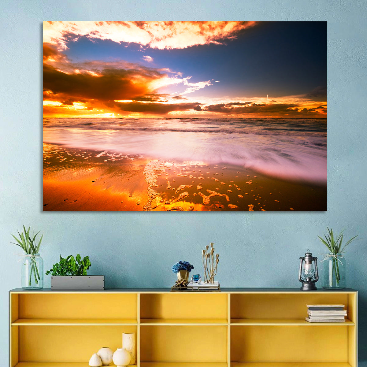 Golden Hour Beach Sunset Wall Art in a room, landscape