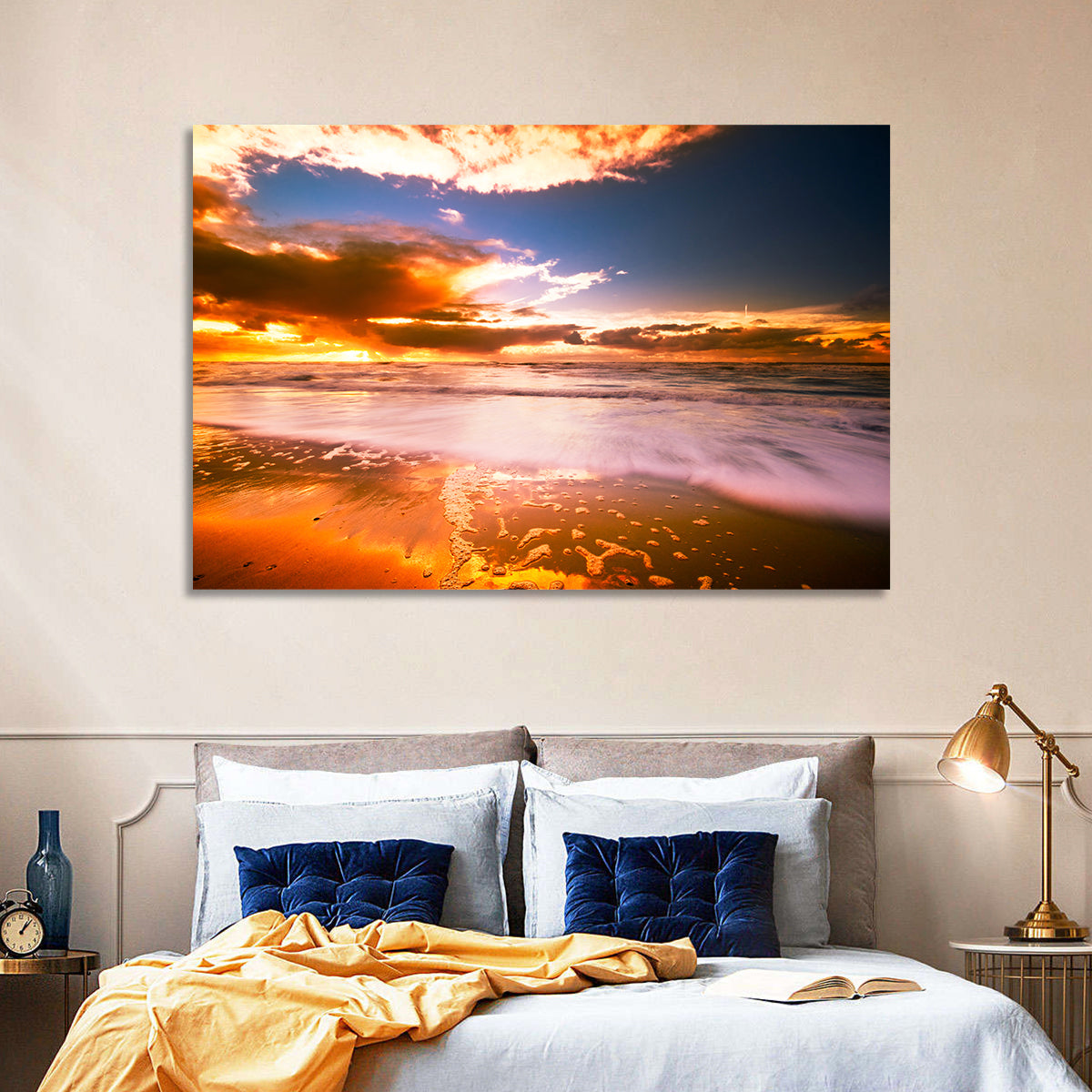 Golden Hour Beach Sunset Wall Art in a room, landscape