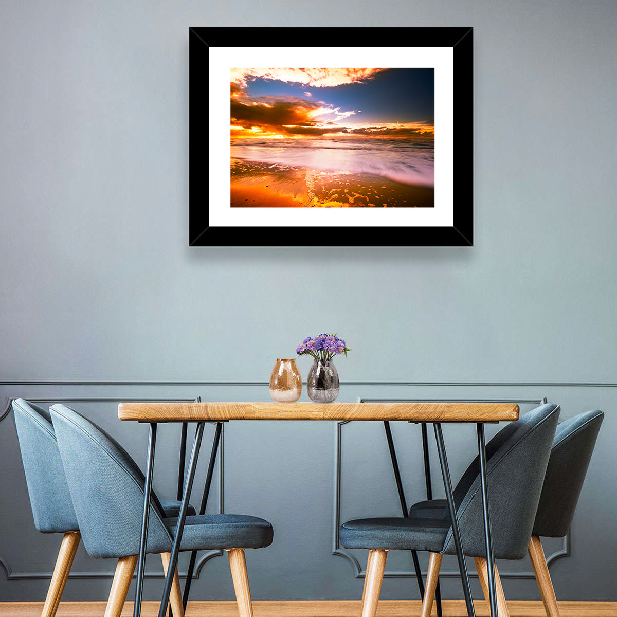 Golden Hour Beach Sunset Wall Art in a room, landscape