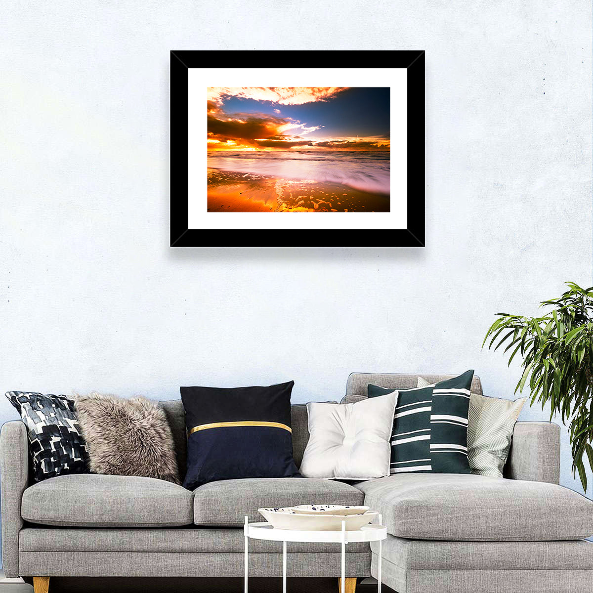 Golden Hour Beach Sunset Wall Art in a room, landscape