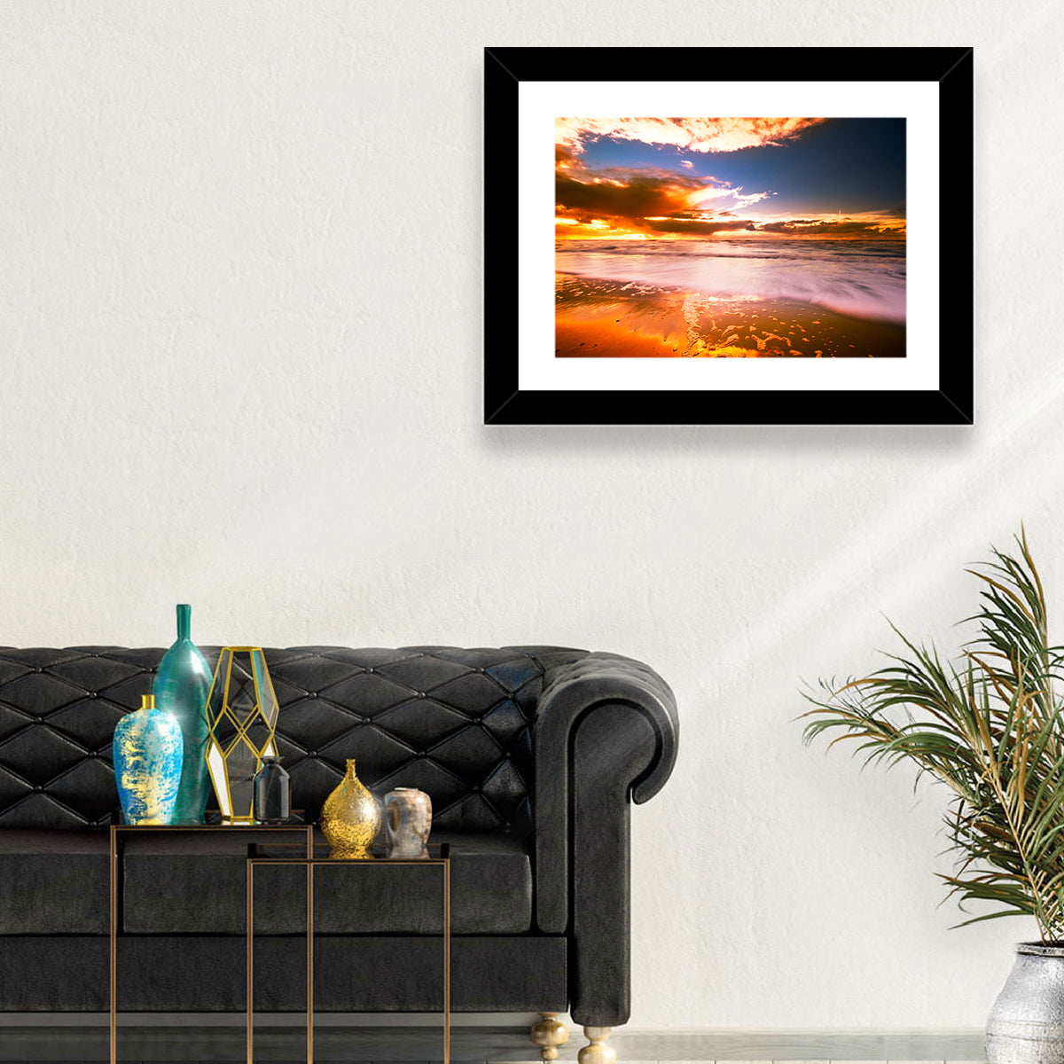 Golden Hour Beach Sunset Wall Art in a room, landscape