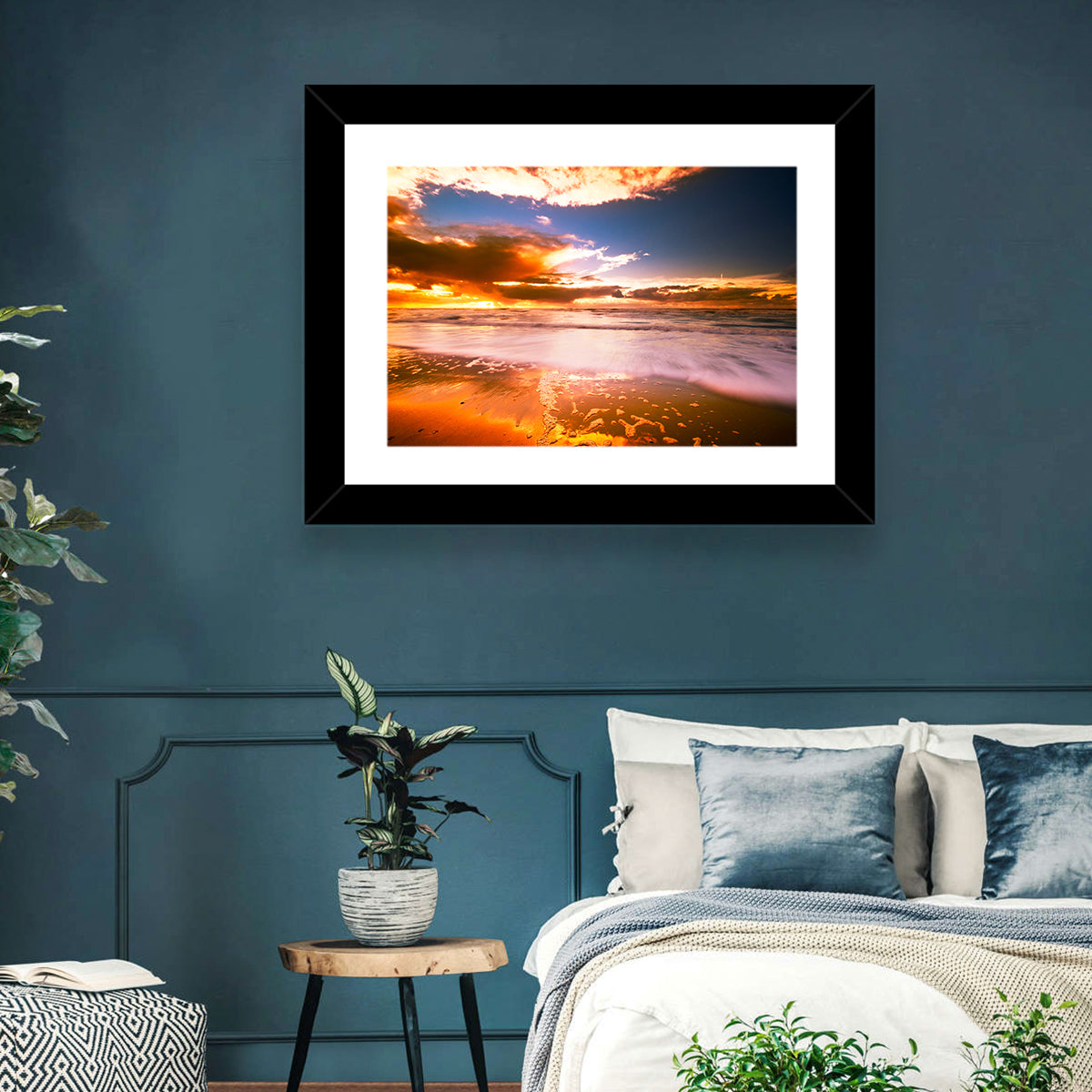 Golden Hour Beach Sunset Wall Art in a room, landscape