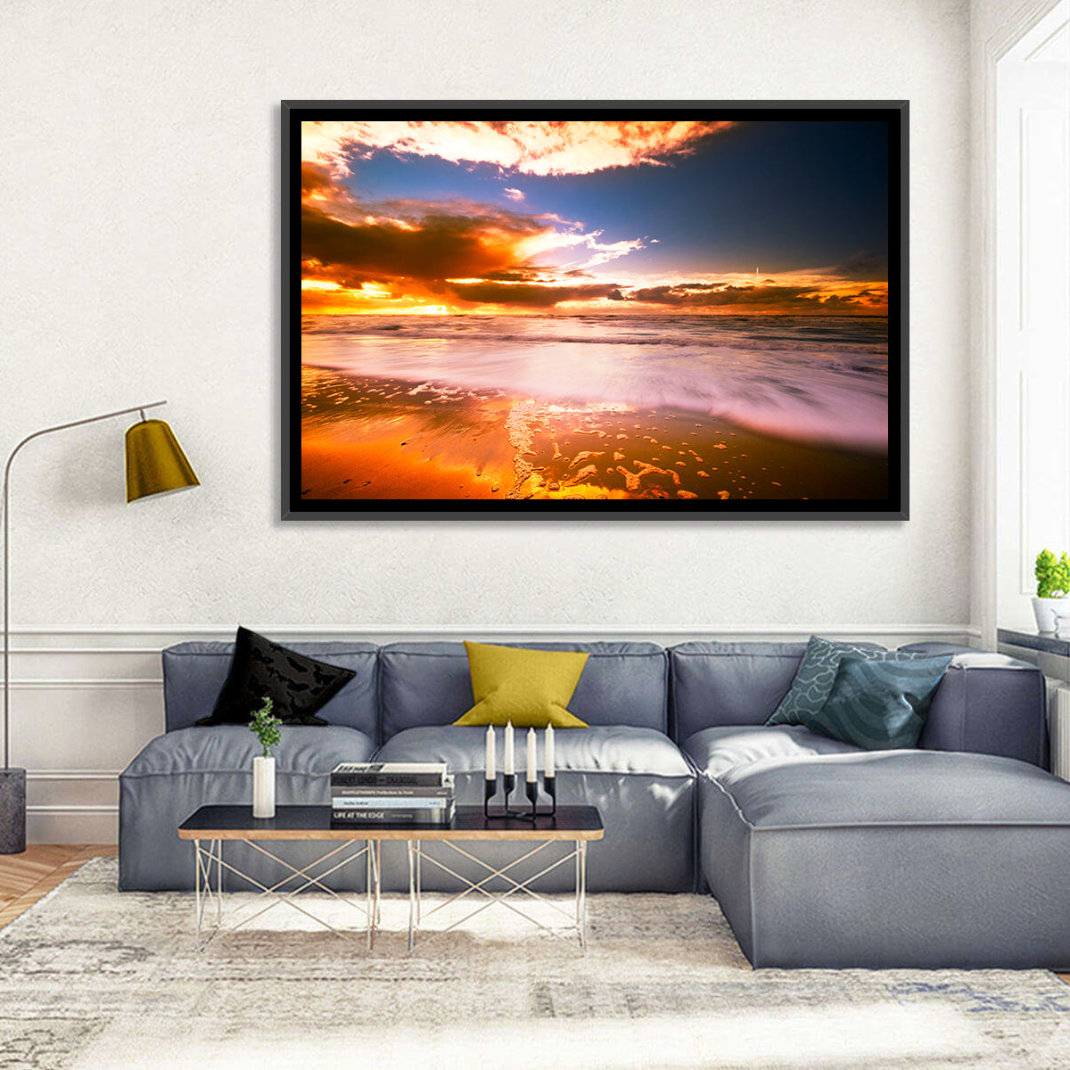 Golden Hour Beach Sunset Wall Art in a room, landscape