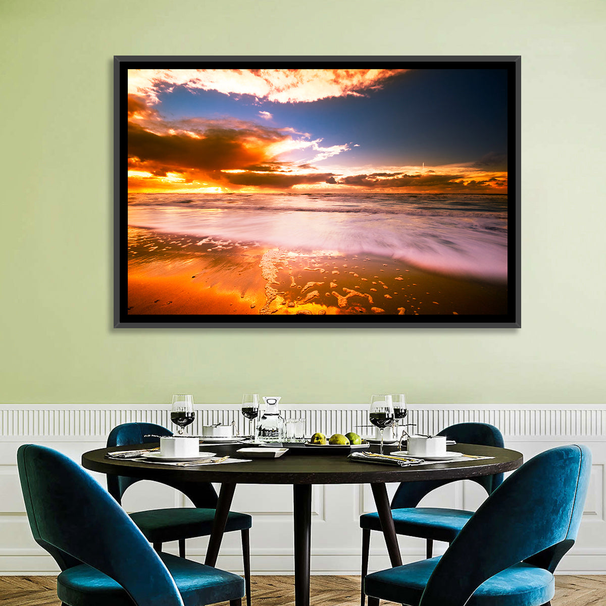 Golden Hour Beach Sunset Wall Art in a room, landscape