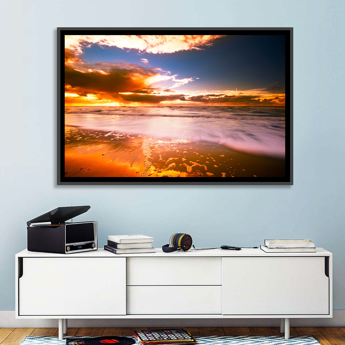 Golden Hour Beach Sunset Wall Art in a room, landscape