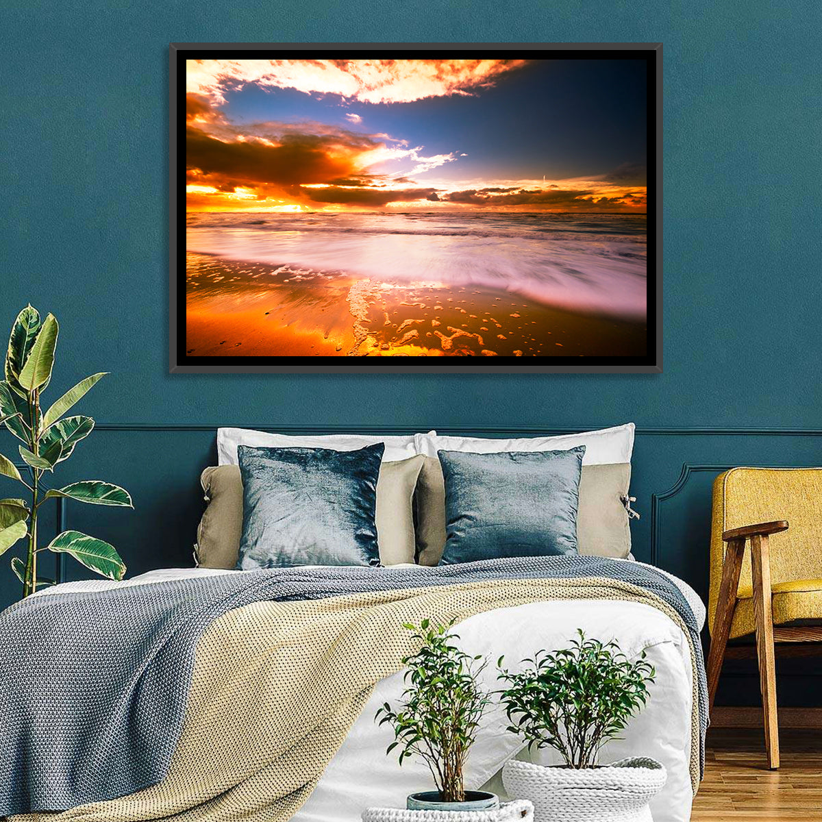 Golden Hour Beach Sunset Wall Art in a room, landscape