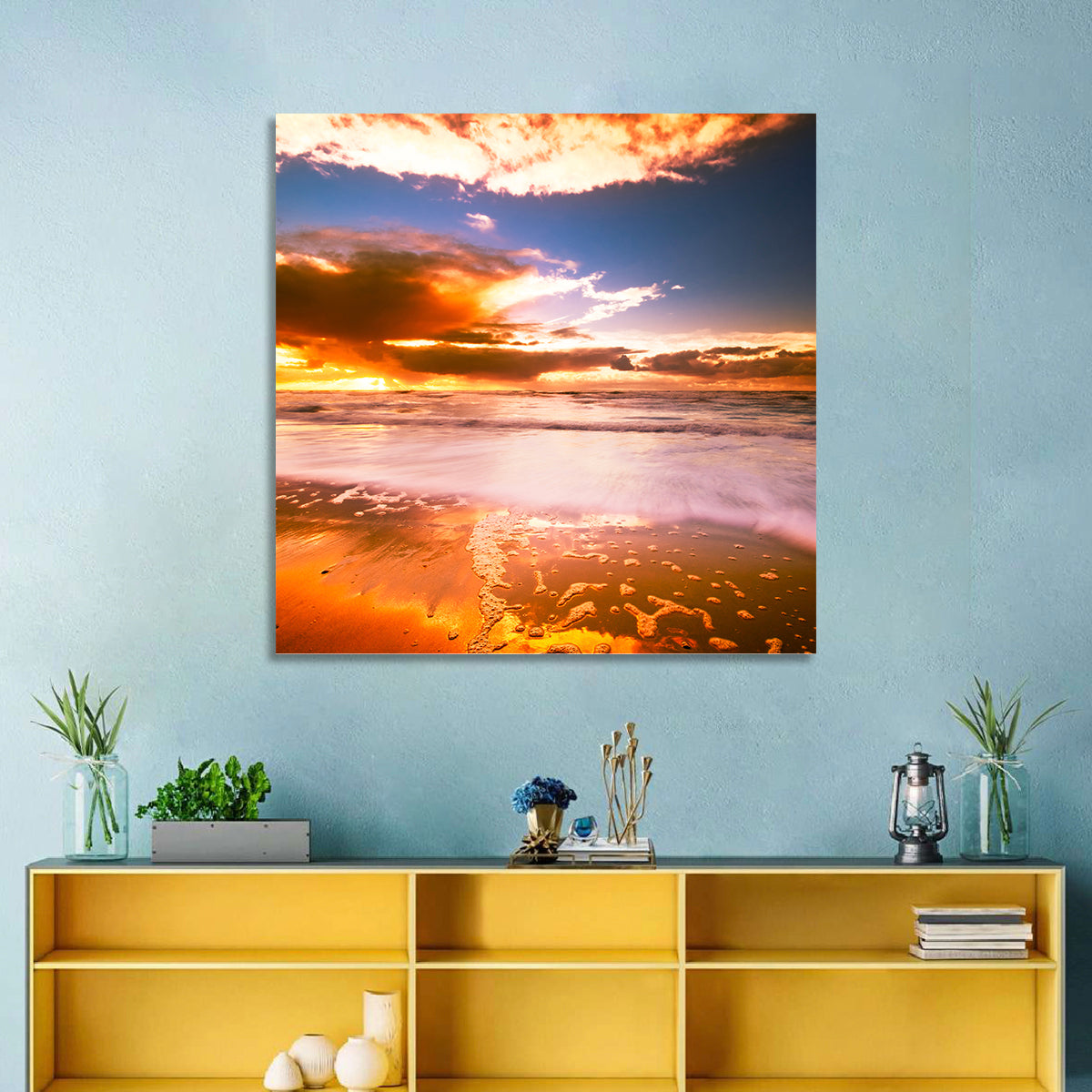 Golden Hour Beach Sunset Wall Art in a room, landscape